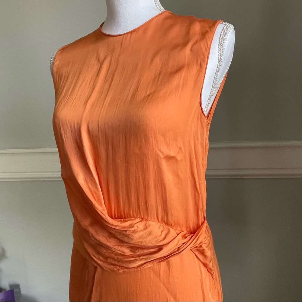 MNG Mango Vibrant Orange Asymmetrical Draped Satin Shirt Size M Split Side - Picture 12 of 13